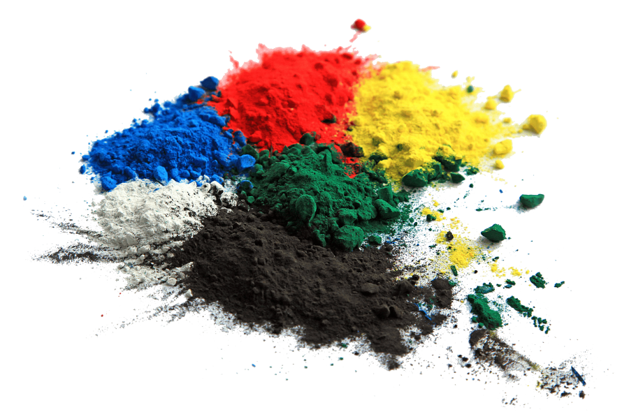 Collection of colorful powder - yellow, red, black, green, blue, white