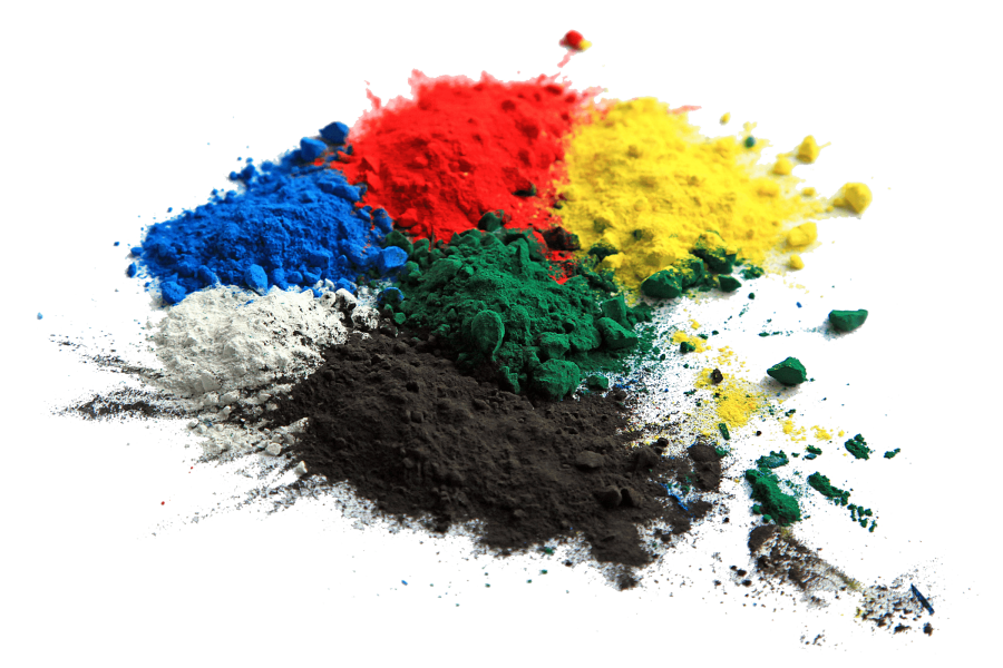 Collection of colorful powder - yellow, red, black, green, blue, white